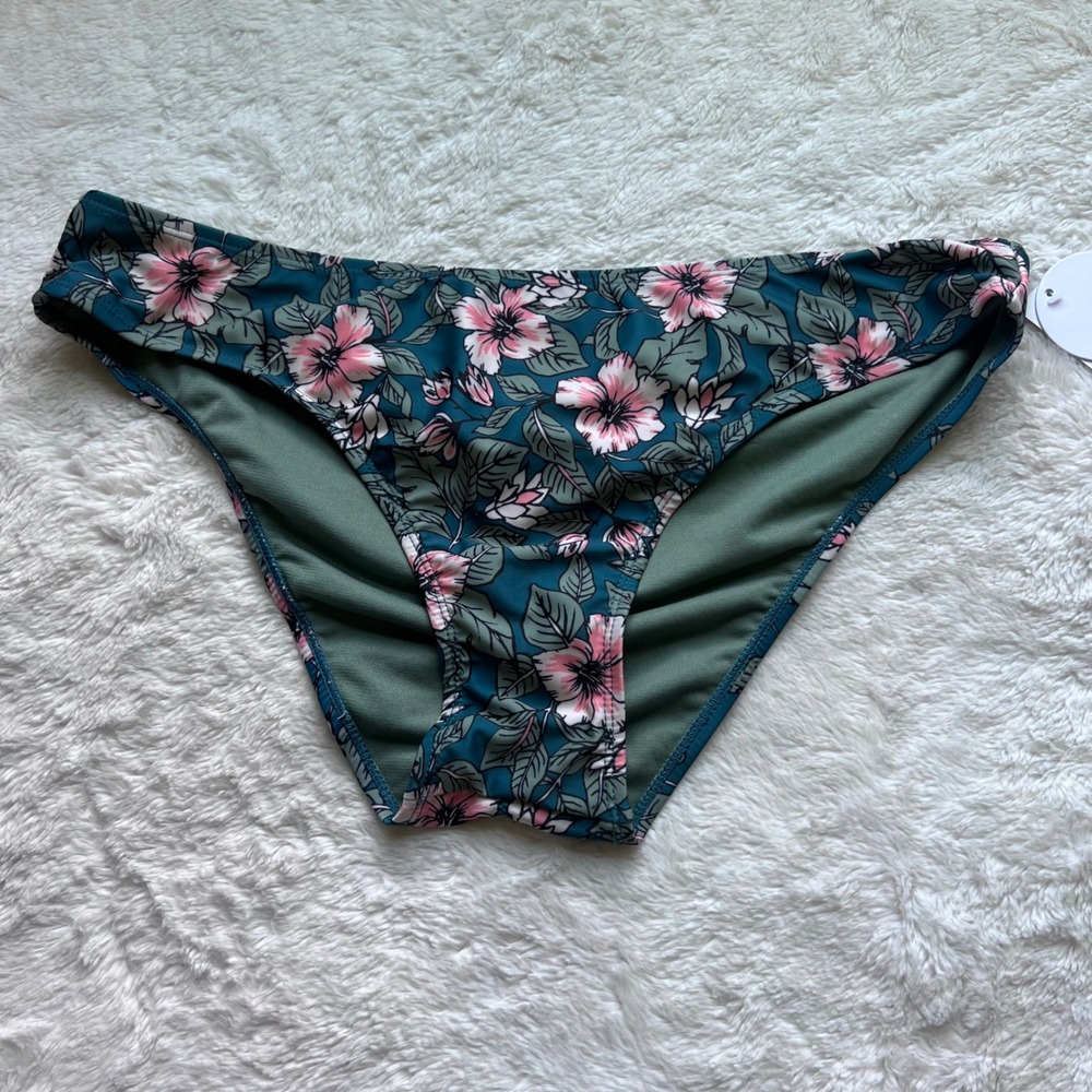 Hot Water Women XL Teal Pink Tropical Floral Ruched Back Bikini Bottom Swim 24FF